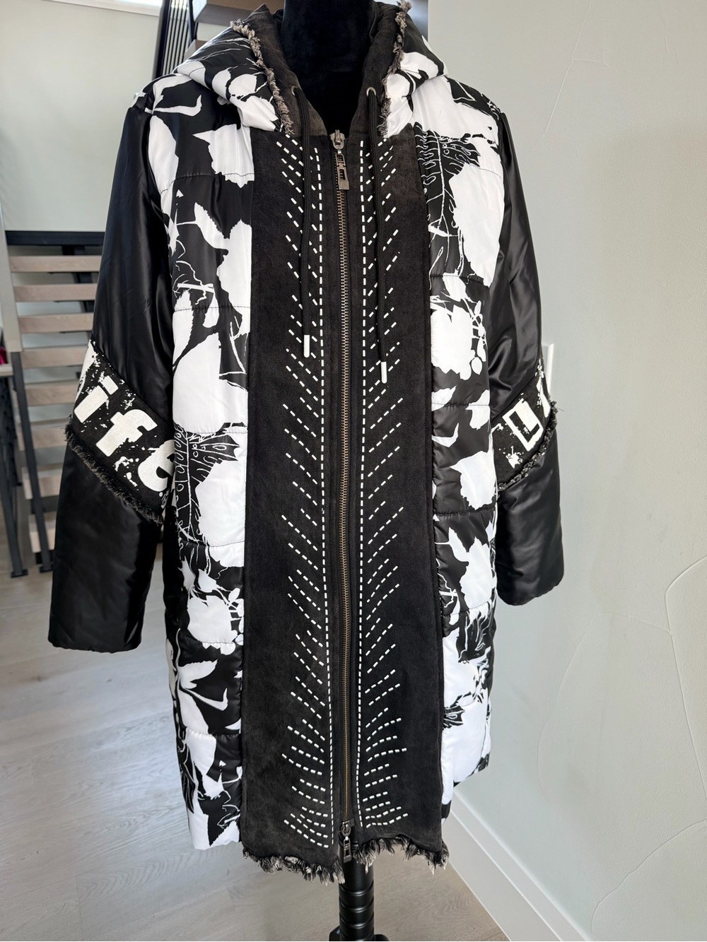 Avant Garde Black & White Floral Hooded Puffer Coat with denim trim size 1X